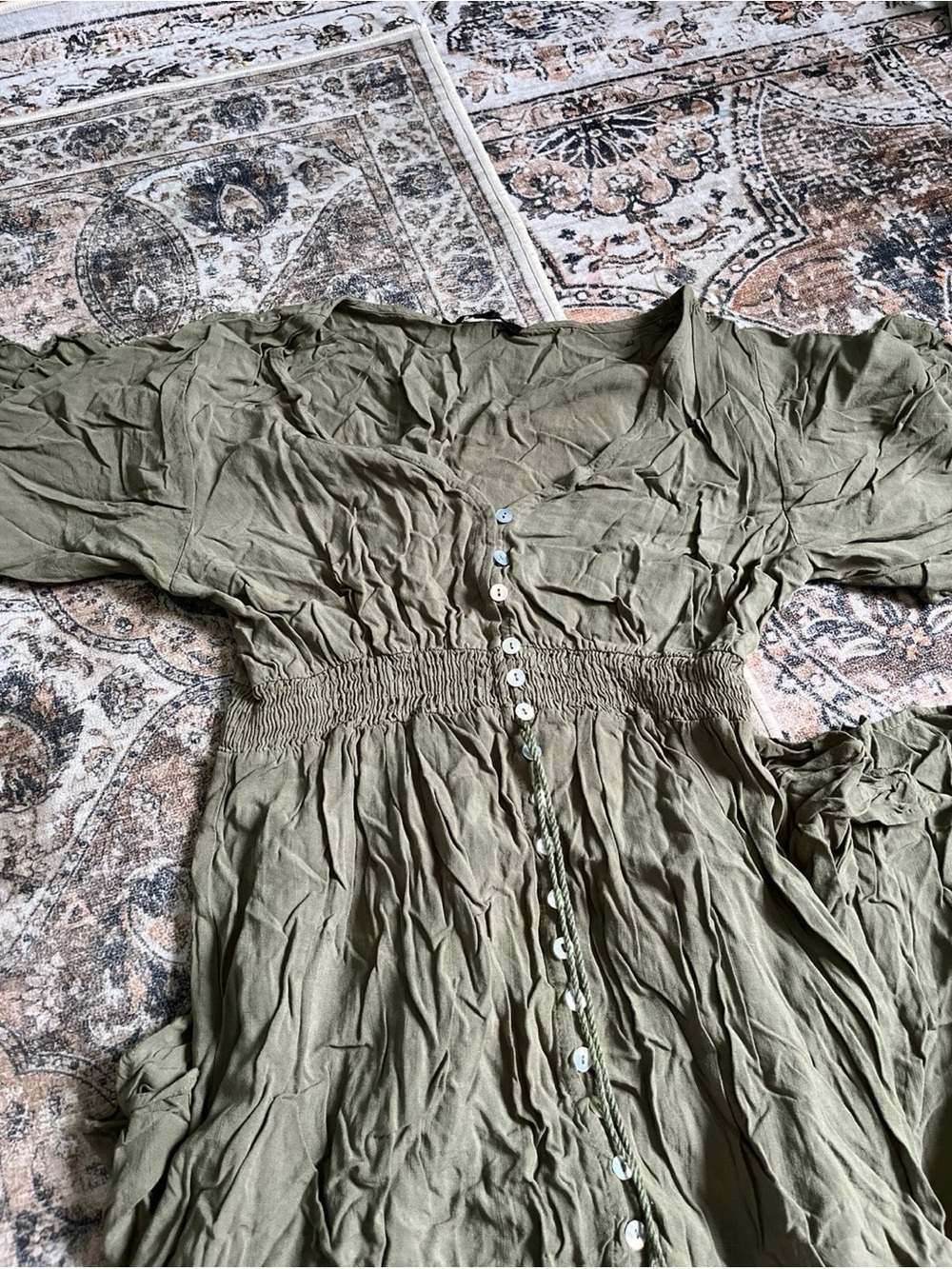 Button-Front Olive Green Smocked Waist Dress